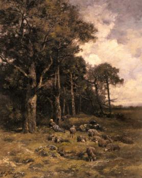 埃米爾 查爾斯 雅尅 Shepherdess Resting With Her Flock